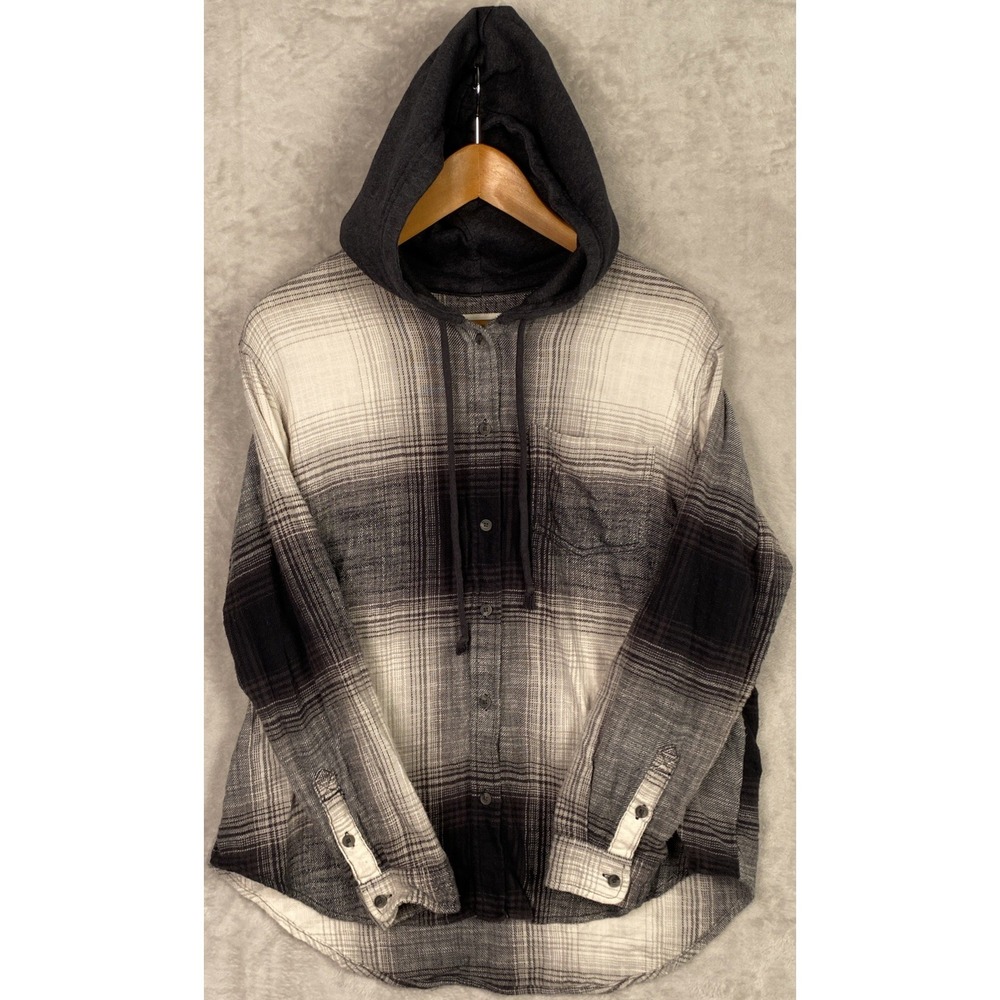 American Eagle Womens Hooded Flannel Shirt Plaid Small Black Gray Grunge Skater - Picture 6 of 11